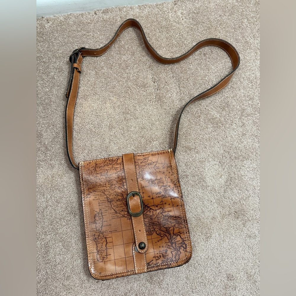 Patricia Nash Tan Leather Messenger Bag with Map Design
